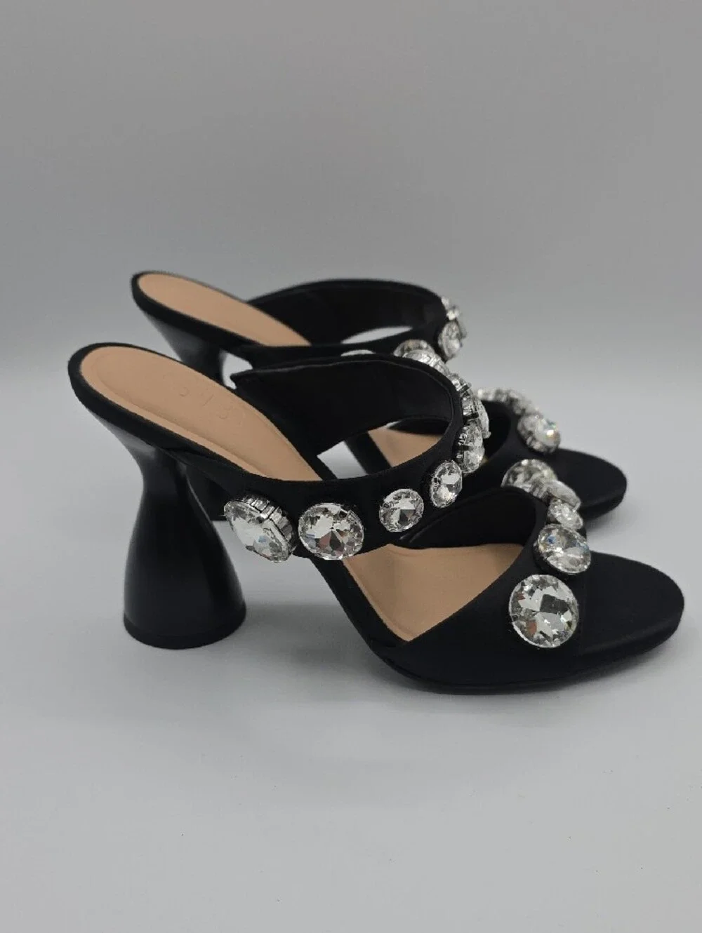 Gianni Bini Black Crystal-Embellished Two-Strap Block Heels